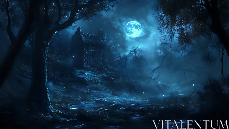 Moonlit haunted forest path frames an abandoned cabin in mist