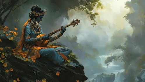 Figure with string instrument on cliff above misted gorge.
