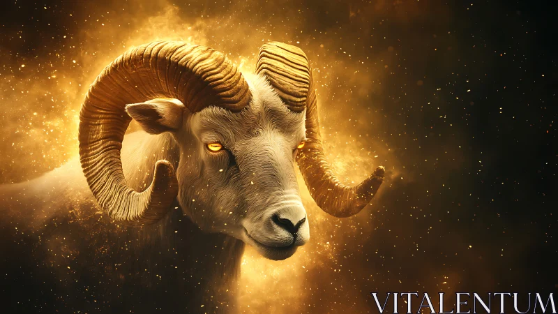 Ram head floats in glowing golden particle cloud