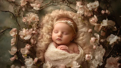 Sleeping Newborn Surrounded by Blooming Cherry Flowers.