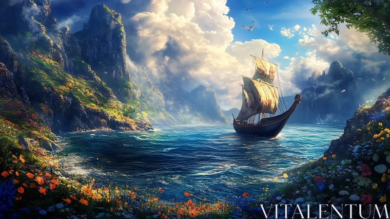 Sailing ship crossing vivid floral bay between cliffs.