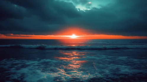 Electric dusk horizon pouring fire across teal waves.