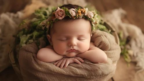 Sleeping newborn wearing floral crown in neutral fabric nest