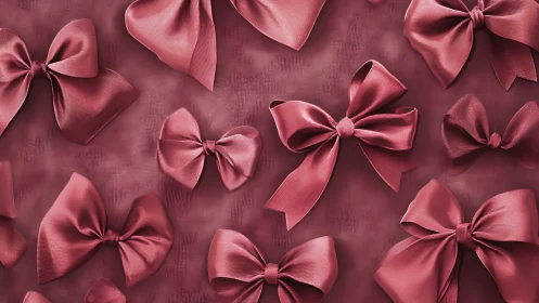 Burgundy silk bows arranged densely on textured background surface