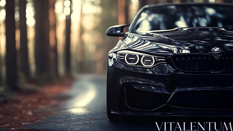 Glossy black sports coupe waits on a quiet forest road
