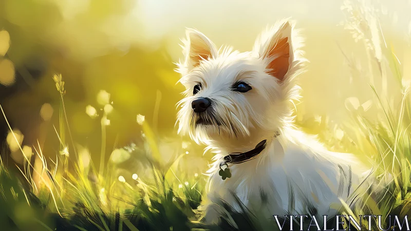 Sunny meadow puppy soaking up golden afternoon warmth.