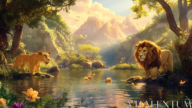 Majestic Lions Meet in a Golden Forest Paradise.