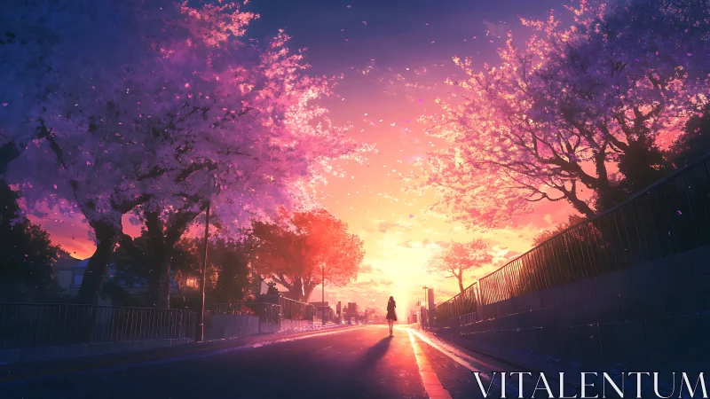 Sunset promenade under luminous pink cherry blossoms.