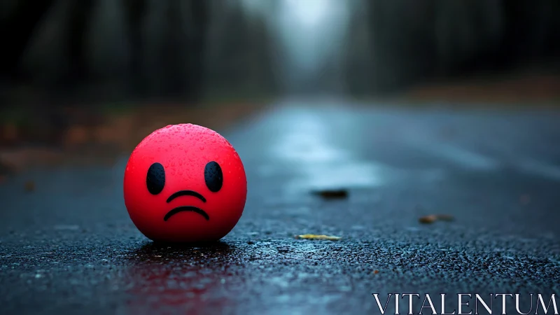 Red sad emoticon ball rests on wet asphalt in shallow focus