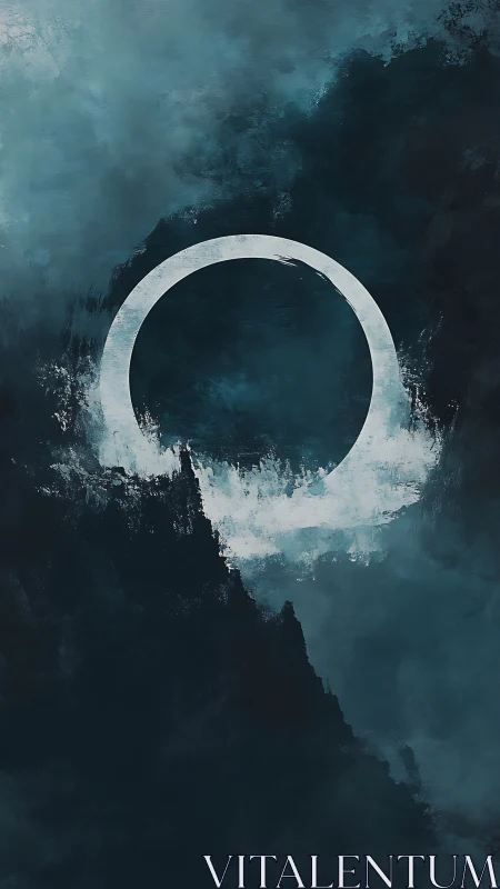 Moonlit mist circle over deep oceanic twilight sky.