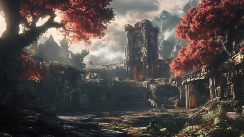 Sunlit ruins embraced by crimson autumn forest magic.