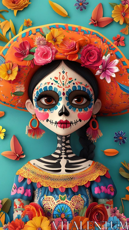 Colorful Day of the Dead girl with sugar skull makeup.
