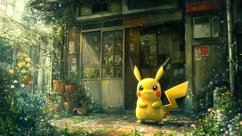 Pikachu in luminous overgrown alleyway storefront environment.