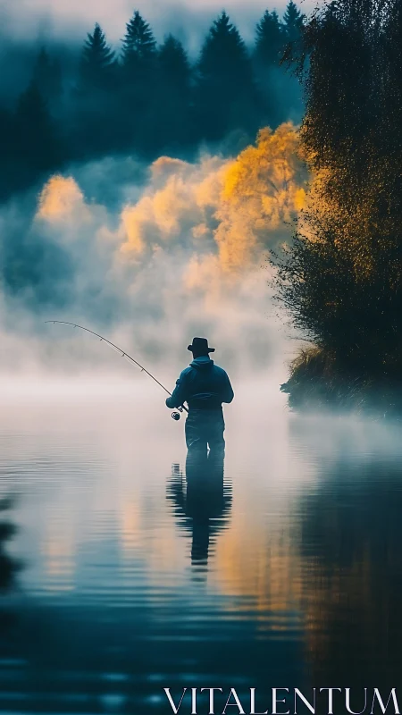 Morning mist welcomes a peaceful lone fisher on calm water