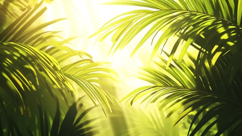 Sunlit palm fronds form overlapping layers in soft focus