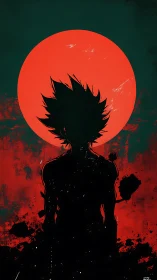 Silhouetted warrior beneath a bloodred moonrise blaze.