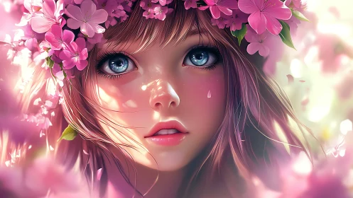 Digital portrait of blue-eyed girl with pink floral crown.