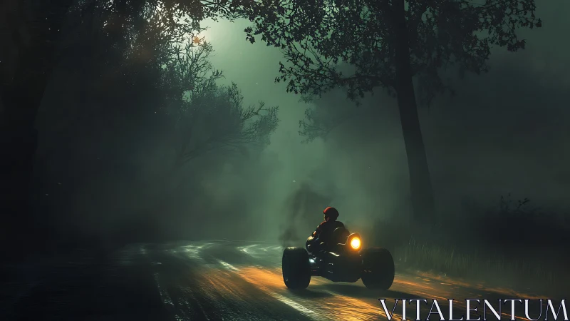 Lone rider steers a glowing trike through misty forest night