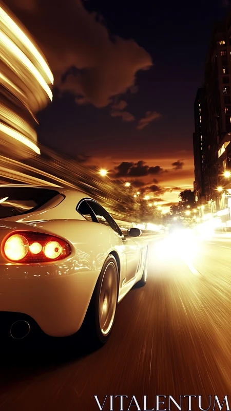 Midnight white supercar streaks through neon city blaze.