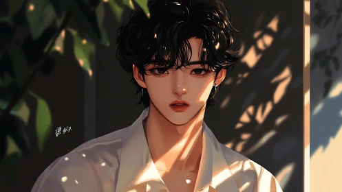 Backlit portrait of androgynous youth with dappled foliage shadows