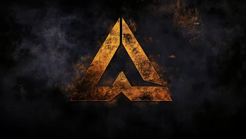 Angular metallic emblem on textured dark abstract surface.