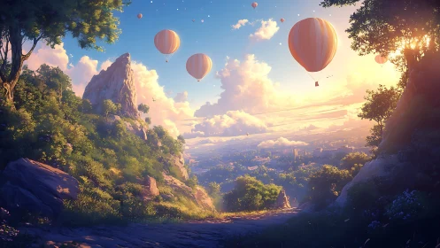 Sunlit valley vista with drifting hot air balloons at dawn
