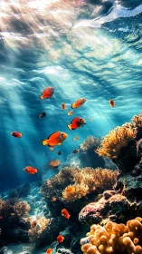 Photorealistic coral reef scene with schooling clownfish depth.