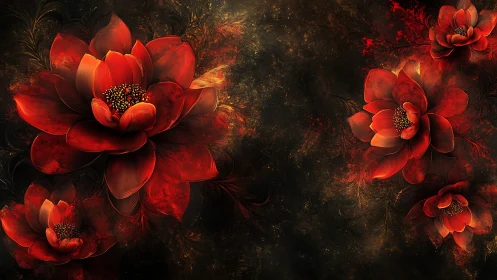 Ember-petaled blossoms drift through a midnight floral nebula.