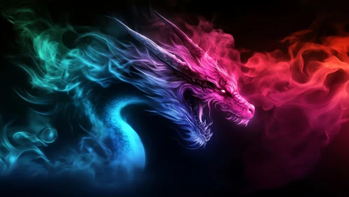 Neon chromatic dragon formed from swirling elemental smoke.