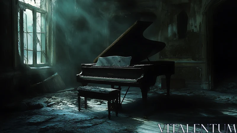 Decayed grand piano illuminated by volumetric window light shafts
