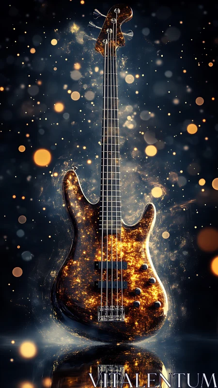 Luminous electric bass guitar with golden particle glow.