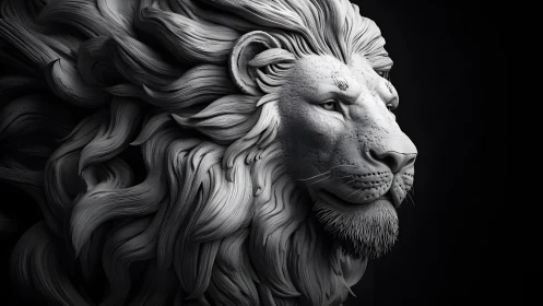 Majestic Lion Portrait in Detailed Monochrome Sculpture Style.