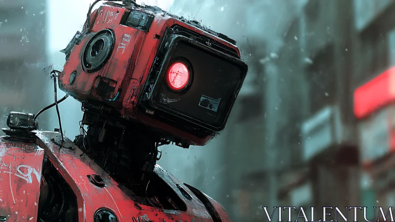 Curious red robot pauses thoughtfully in a rainy city street