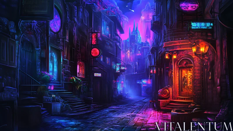 Neon alleyway dreams in a glowing midnight cityscape.