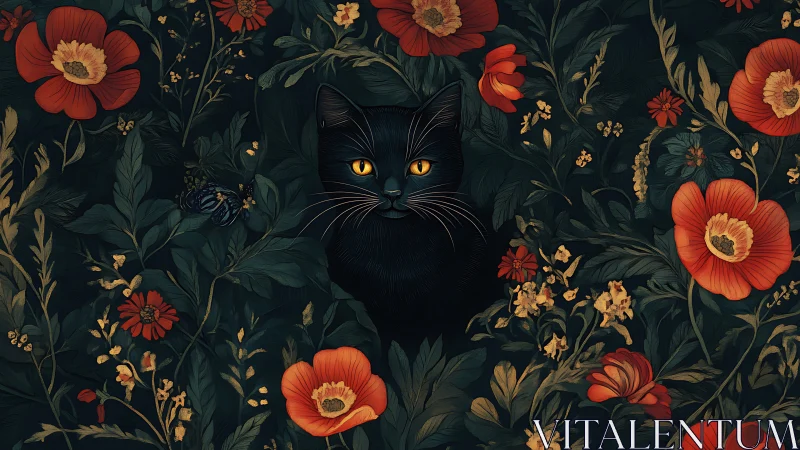 Black Cat Portrait Amid Red Poppies and Golden Botanical Foliage.
