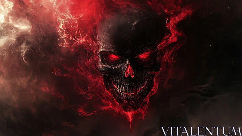 Volumetric red plasma skull emerging from turbulent smoke field