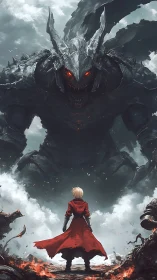 Red-cloaked warrior confronts towering demonic dragon titan