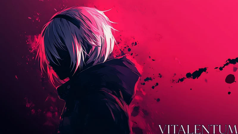 Shadowed anime figure glows against vivid pink splashes