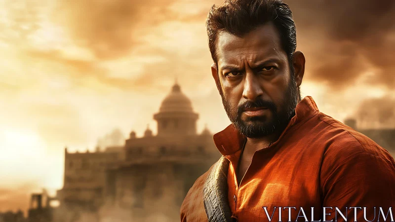 Intense man in orange shirt before historic palace at dusk.