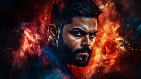 Intense bearded man in fiery blue and red digital portrait.
