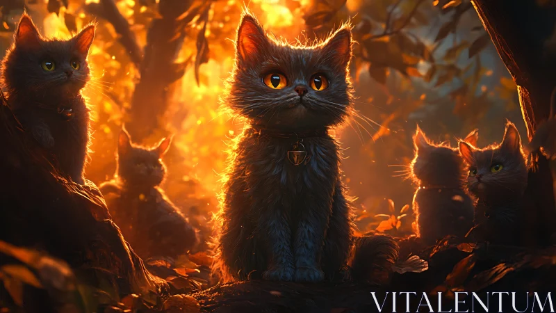 Black Cats with Luminous Eyes in Fiery Inferno Environment