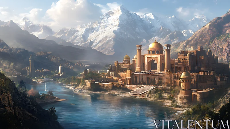 Golden river citadel beneath snowcapped mountain range.