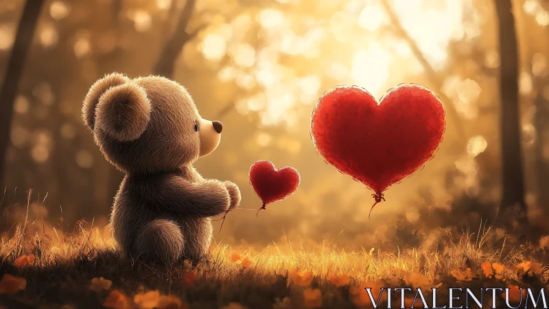 Teddy Bear Holding Red Heart Balloons in Golden Forest