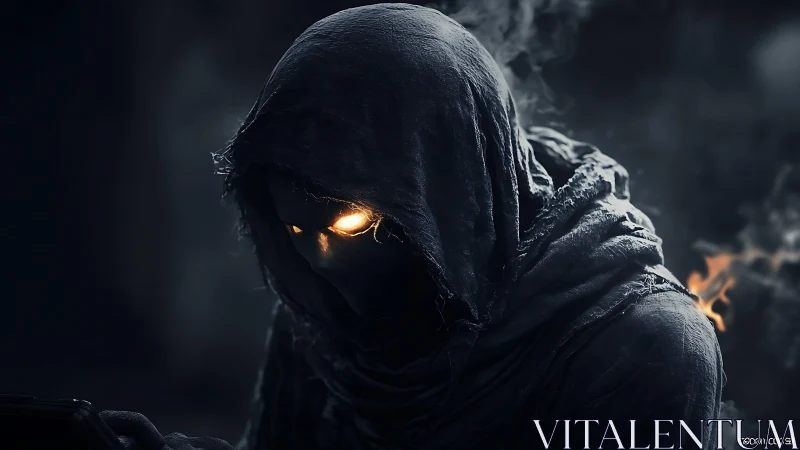 Shrouded wraith with burning eyes in cinematic darkness.