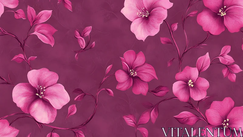 Pink blooms distributed across deep magenta gradient surface.