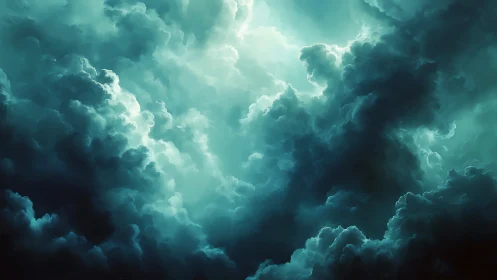 Storm-lit turquoise clouds churn in a dramatic skyscape.