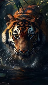 Tiger moves forward through shallow water in dense foliage