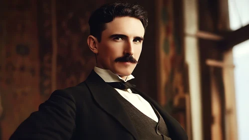 Victorian dressed man stands indoors in soft warm light