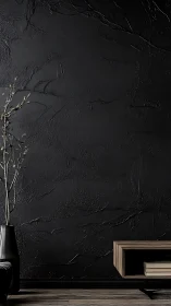 Shadow-soaked wall with quiet wood shelf and bare branches.