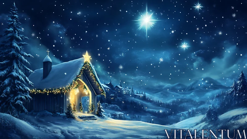 Snowy chapel under bright starry winter night sky.